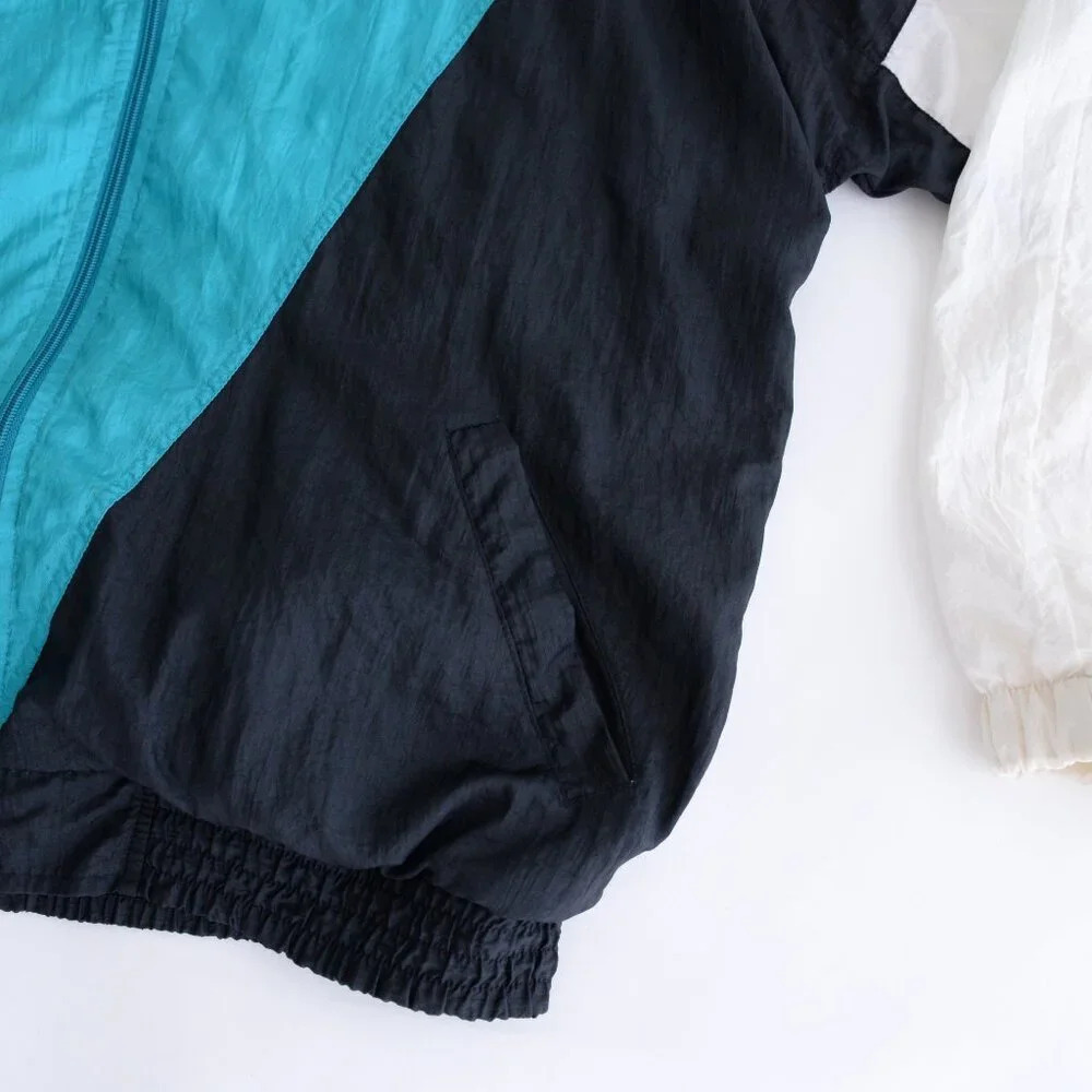 Vintage 80'S Akita Teal & Black Nylon Windbreaker Zip Up Running Jacket Size L - Picture 6 of 11
